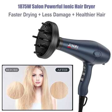 Professional Tourmaline Hair Dryer, Negative Ionic 1875W Blow Dryer with Diffuser and Concentrator, Lightweight Low Noise DC Motor Fast Dry HairDryer