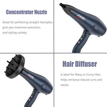 Professional Tourmaline Hair Dryer, Negative Ionic 1875W Blow Dryer with Diffuser and Concentrator, Lightweight Low Noise DC Motor Fast Dry HairDryer