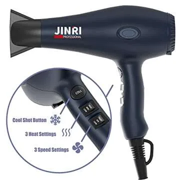 Professional Tourmaline Hair Dryer, Negative Ionic 1875W Blow Dryer with Diffuser and Concentrator, Lightweight Low Noise DC Motor Fast Dry HairDryer