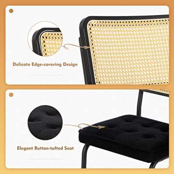COLAMY Mid Century Modern Dining Chairs Set of 2, Velvet Rattan Dining Room Kitchen Side Chairs with Upholstered Seat and Metal Chrome Legs for Home, Living Room, Bedroom - Black