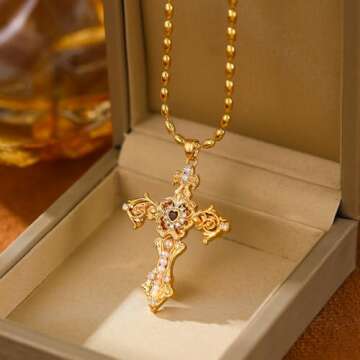 Luxurious 18k Gold Cross Pendant Necklace with Pearls