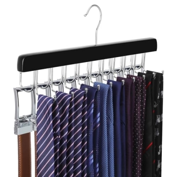 TOPIA HANGER 2 in 1 Belt Tie Hanger with Max 30 Belts and Ties Capacity, Wooden Organizer for Closet