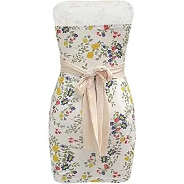 Women's Summer Ruched Bodycon Tube Dresses Strapless Backless Flower Print Slim Fit Mini Dress for Club Party (A White, S)