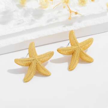 WOWORAMA Gold Starfish Earrings for Women Textured Starfish Stud Earrings Vintage Ocean Sea Star Earrings Summer Beach Earrings Jewelry