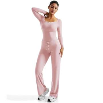 OMKAGI Womens Lounge Set Lace Square Neck Long Sleeve Tops Wide Leg Pants 2 Piece Outfits(S,212-Pink)