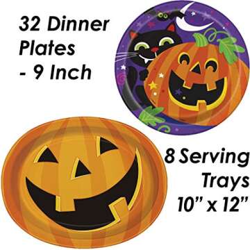 Halloween Tableware and Decorations - 32 Guest - Dinner Plates, Party Cups, Napkins, Tablecloths, Serving Trays, Pumpkin Hanging Swirls, 4 Foot"BOO!!!" Banner