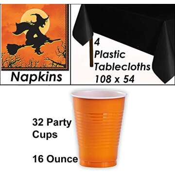 Halloween Tableware and Decorations - 32 Guest - Dinner Plates, Party Cups, Napkins, Tablecloths, Serving Trays, Pumpkin Hanging Swirls, 4 Foot"BOO!!!" Banner
