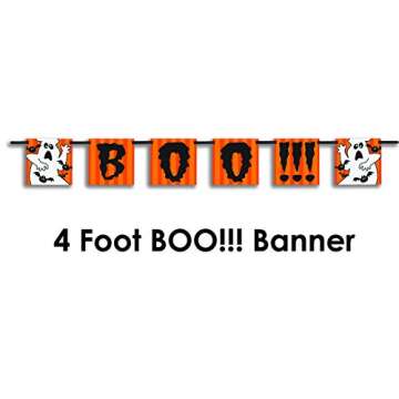 Halloween Tableware and Decorations - 32 Guest - Dinner Plates, Party Cups, Napkins, Tablecloths, Serving Trays, Pumpkin Hanging Swirls, 4 Foot"BOO!!!" Banner