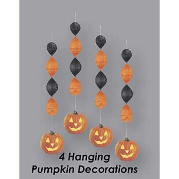 Halloween Tableware and Decorations - 32 Guest - Dinner Plates, Party Cups, Napkins, Tablecloths, Serving Trays, Pumpkin Hanging Swirls, 4 Foot"BOO!!!" Banner