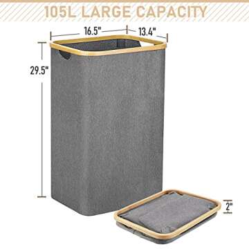 Gallelife Laundry Basket, Tall Laundry Hamper with Handle, 105 Liters Large Hampers, Collapsible Laundry Baskets for Bedroom, Laundry Bin for Bathroom, Laundry Room Gray