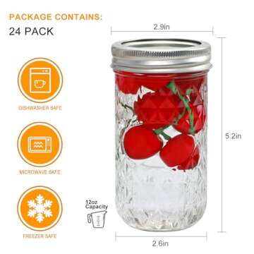 Mason Jars 12 OZ - 24 Pack Glass Jam Jars with Airtight Lids