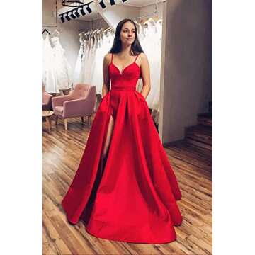 GUKARLEED Backless V Neck Wedding Dresses Pleated High Slit White Long Ball Gowns with Pockets for Women US 10