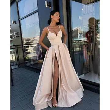GUKARLEED Backless V Neck Wedding Dresses Pleated High Slit White Long Ball Gowns with Pockets for Women US 10