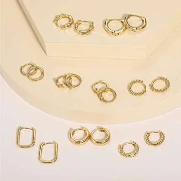 Small Gold Huggie Hoop Earrings Set for Women, Hypoallergenic Twisted Cartilage Hoops, Tiny Silver Hoop Earrings Jewelry for Multiple Piercing (1-1-9)