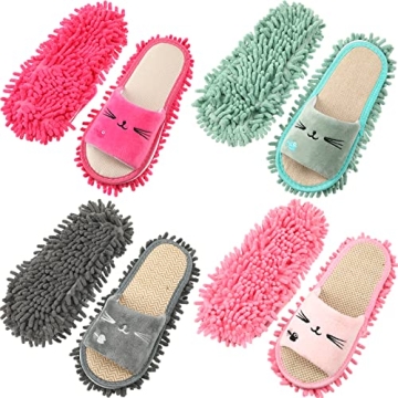 Wesiti 4 Pairs Washable Mop Slippers Microfiber Funny Mop Shoes Floor Cleaning Slippers for Women Ho...