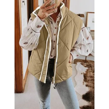 SHEWIN Fall Fashion For Women 2024 Causal Quilted Vest Stand Collar Zip Up Sleeveless Puffer Jacket Lightweight Winter Coats, US 16-18(XL),Parchment