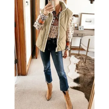 SHEWIN Fall Fashion For Women 2024 Causal Quilted Vest Stand Collar Zip Up Sleeveless Puffer Jacket Lightweight Winter Coats, US 16-18(XL),Parchment