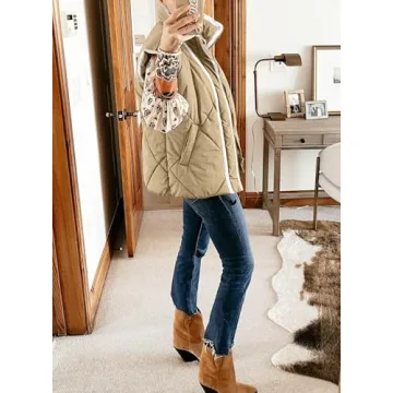 SHEWIN Fall Fashion For Women 2024 Causal Quilted Vest Stand Collar Zip Up Sleeveless Puffer Jacket Lightweight Winter Coats, US 16-18(XL),Parchment