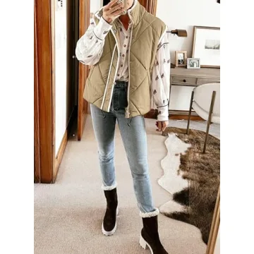 SHEWIN Fall Fashion For Women 2024 Causal Quilted Vest Stand Collar Zip Up Sleeveless Puffer Jacket Lightweight Winter Coats, US 16-18(XL),Parchment