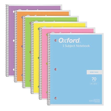 Oxford Spiral Notebook 6 Pack - Wide Ruled, Pastel Colors - 70 Sheets Each
