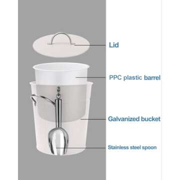3Qt White Galvanized Ice Bucket with Lid, Scoop & Handles - Ideal for Cocktails, Parties, BBQs, Wine & Champagne. Double-Layer Insulated Outer & Galvanized Inner Layer, Perfect for Home & Outdoor Use