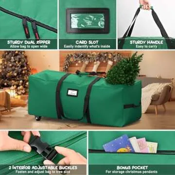 Mrrihand Christmas Tree Storage Bag, 9 Ft Large Artificial Anti-Tear Heavy-Duty 600D Oxford Cloth Xmax Christmas Tree Storage Box with Rolling Wheels, Christmas Tree Storage Container (Green)
