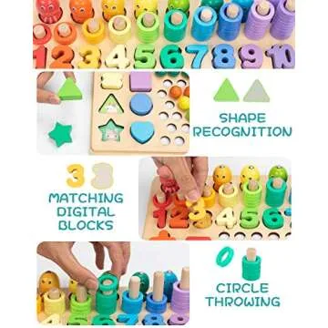 UNIH Wooden Number Shape Puzzle Fishing Game Shape, Bead Sorting Counting Stacking Math Stacking Block Game, Preschool Educational Learning Toys for Kids Toddlers