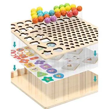 UNIH Wooden Number Shape Puzzle Fishing Game Shape, Bead Sorting Counting Stacking Math Stacking Block Game, Preschool Educational Learning Toys for Kids Toddlers