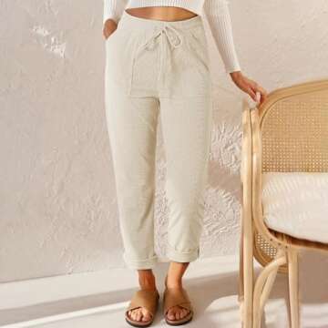 Corduroy Pants Women Baggay Straight Leg Pants Drawstring Elastic High Waist Pants Relaxed Fit Comfy...
