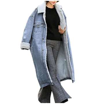 Color Blocking Jacket Winter Womens Jean Coat Thicken Warm Fleece Long Denim Coat Punk Gifts Senior Mom (Blue, XL)