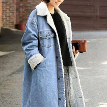 Color Blocking Jacket Winter Womens Jean Coat Thicken Warm Fleece Long Denim Coat Punk Gifts Senior Mom (Blue, XL)