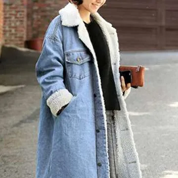 Color Blocking Jacket Winter Womens Jean Coat Thicken Warm Fleece Long Denim Coat Punk Gifts Senior Mom (Blue, XL)