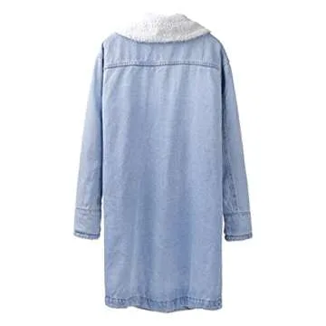 Color Blocking Jacket Winter Womens Jean Coat Thicken Warm Fleece Long Denim Coat Punk Gifts Senior Mom (Blue, XL)