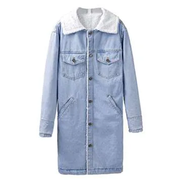 Color Blocking Jacket Winter Womens Jean Coat Thicken Warm Fleece Long Denim Coat Punk Gifts Senior Mom (Blue, XL)