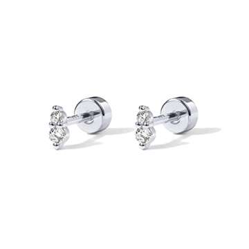 PAVOI Rhodium Plated Solid 925 Sterling Silver Post Cubic Zirconia Flat Back Earrings for Women | Deux CZ Cartilage Earring | Helix Piercing Jewelry | Small Stud Earrings