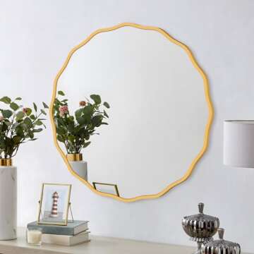 FUWU HOME Gold Round Mirror for Wall Decorative 24 inch Modern Wavy Mirror Whit Wood Frame Circle Wa...