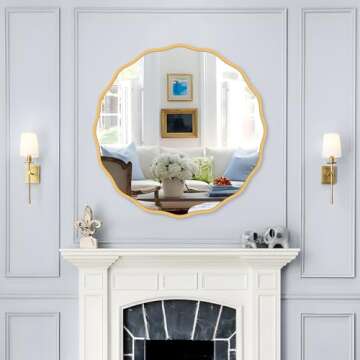 FUWU HOME Gold Round Mirror for Wall Decorative 24 inch Modern Wavy Mirror Whit Wood Frame Circle Wall Mirror for Bathroom Bedroom Living Room Home House Office Entryway