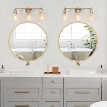 FUWU HOME Gold Round Mirror for Wall Decorative 24 inch Modern Wavy Mirror Whit Wood Frame Circle Wall Mirror for Bathroom Bedroom Living Room Home House Office Entryway