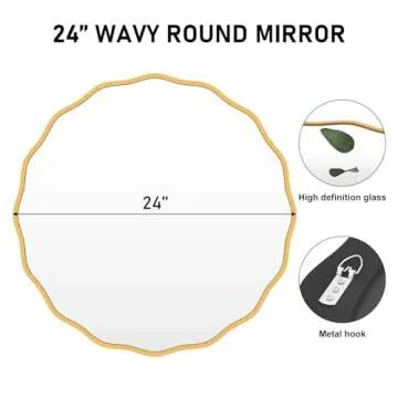 FUWU HOME Gold Round Mirror for Wall Decorative 24 inch Modern Wavy Mirror Whit Wood Frame Circle Wall Mirror for Bathroom Bedroom Living Room Home House Office Entryway