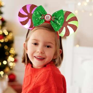 Tarocynn 2 PCS Christmas Mouse Ears Headbands with LED Light Christmas Sequin Candy Reindeer Headbands for Party Favors (Christmas 2 Pack)
