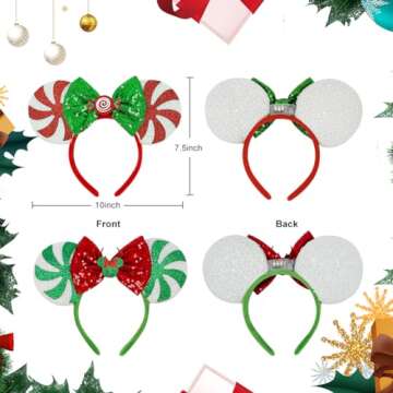 Tarocynn 2 PCS Christmas Mouse Ears Headbands with LED Light Christmas Sequin Candy Reindeer Headbands for Party Favors (Christmas 2 Pack)