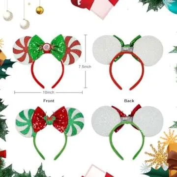 Tarocynn 2 PCS Christmas Mouse Ears Headbands with LED Light Christmas Sequin Candy Reindeer Headbands for Party Favors (Christmas 2 Pack)