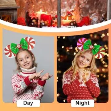 Tarocynn 2 PCS Christmas Mouse Ears Headbands with LED Light Christmas Sequin Candy Reindeer Headbands for Party Favors (Christmas 2 Pack)