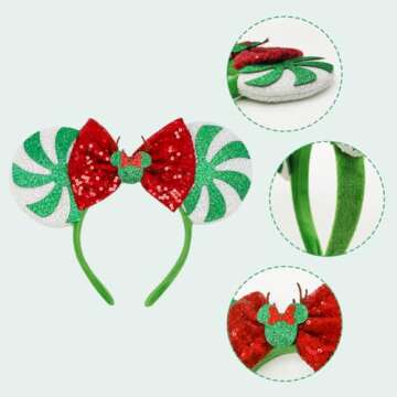 Tarocynn 2 PCS Christmas Mouse Ears Headbands with LED Light Christmas Sequin Candy Reindeer Headbands for Party Favors (Christmas 2 Pack)