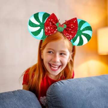 Tarocynn 2 PCS Christmas Mouse Ears Headbands with LED Light Christmas Sequin Candy Reindeer Headbands for Party Favors (Christmas 2 Pack)