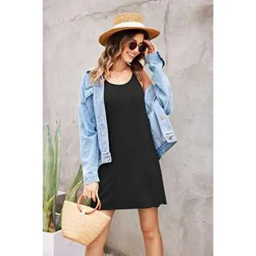 Ekouaer Women Nightgowns Spaghetti Strap Solid Nighties Sleeveless Sleepwear Dress, Black, Medium