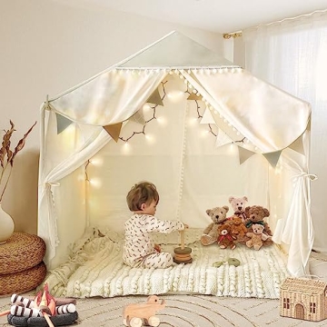 Large Kids Tent with Pompom, Kids Playhouse Indoor & Outdoor with Star Lights, Tent for Kids Reading...