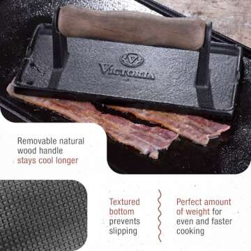 Victoria Cast Iron Panini Press, Burger Press, Bacon Press, Grill Press, Seasoned with 100% Kosher Certified Non-GMO Flaxseed Oil, Model Number: GAD-025