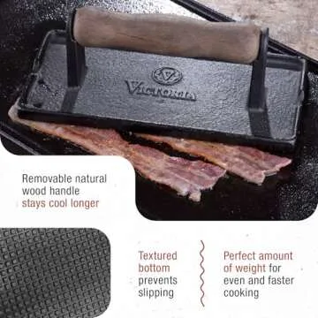 Victoria Cast Iron Panini Press, Burger Press, Bacon Press, Grill Press, Seasoned with 100% Kosher Certified Non-GMO Flaxseed Oil, Model Number: GAD-025