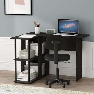 Furinno Abbott L-Shape Computer Desk with Bookshelf, Espresso/Black